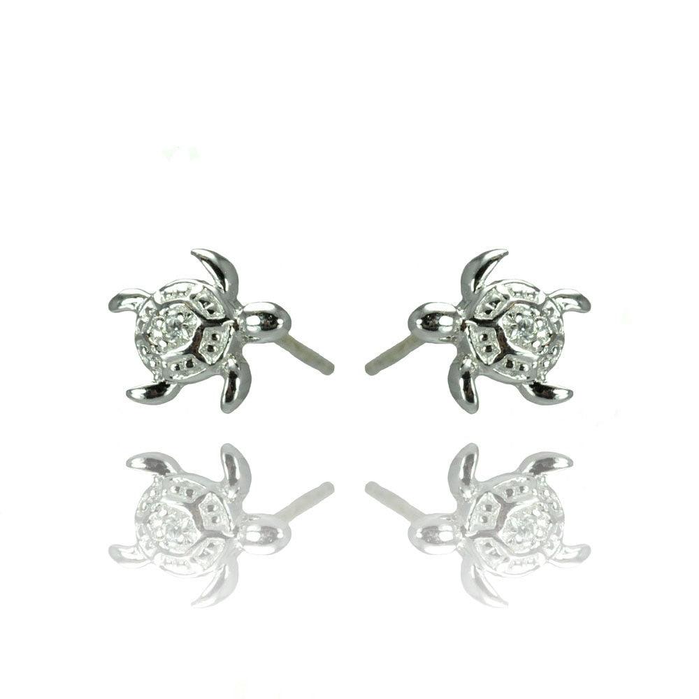 Silver 925 Rhodium Plated Turtle CZ Stud Earrings - STE00907