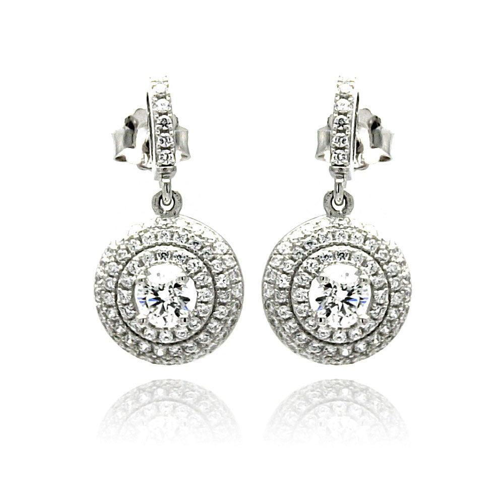 Silver 925 Rhodium Plated Micro Pave Clear Round CZ Dangling Stud Earrings - ACE00072