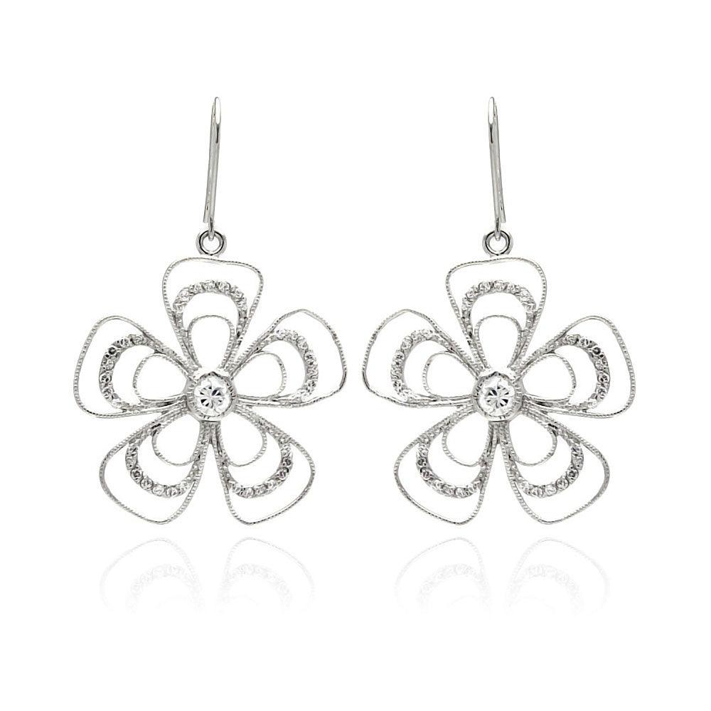 Closeout-Silver 925 Rhodium Plated Open Flower CZ Dangling Hook Earrings - BGE00232