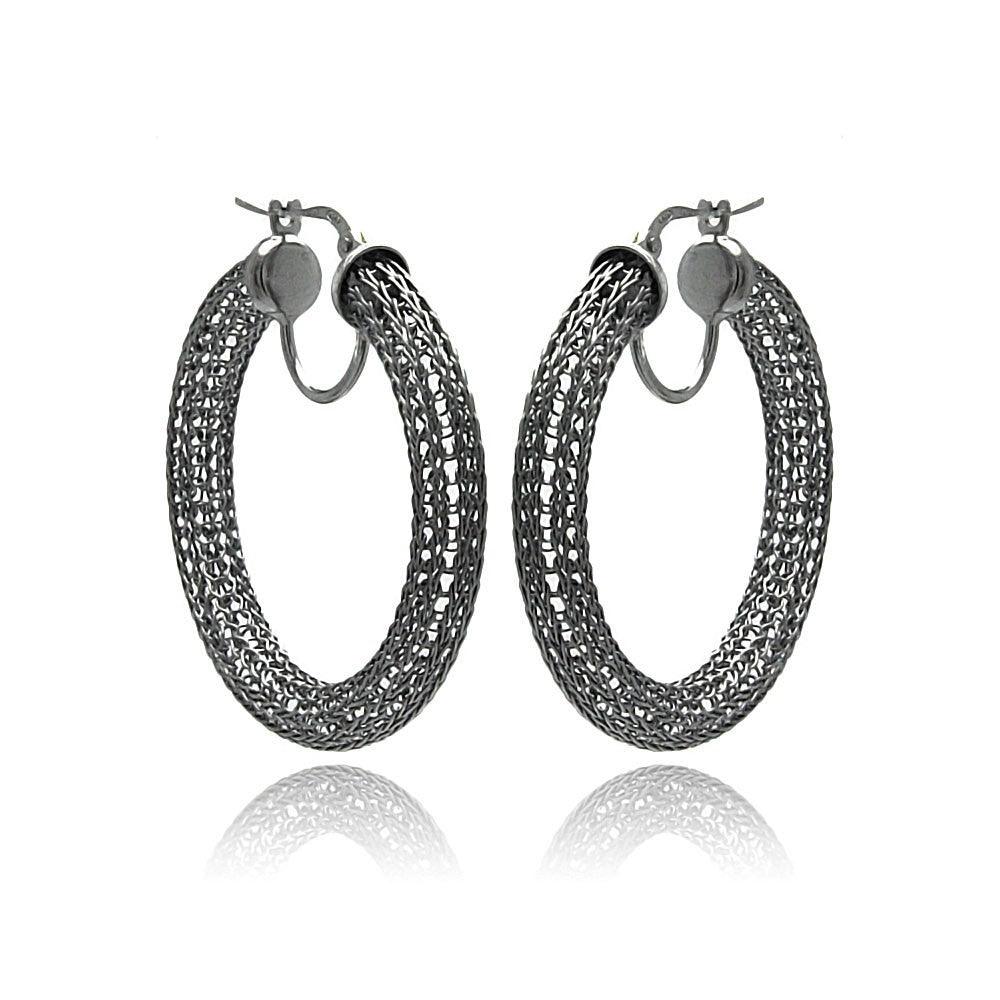 Closeout-Silver 925 Black Rhodium Mesh Plated Hoop Earrings - ITE00039BLK