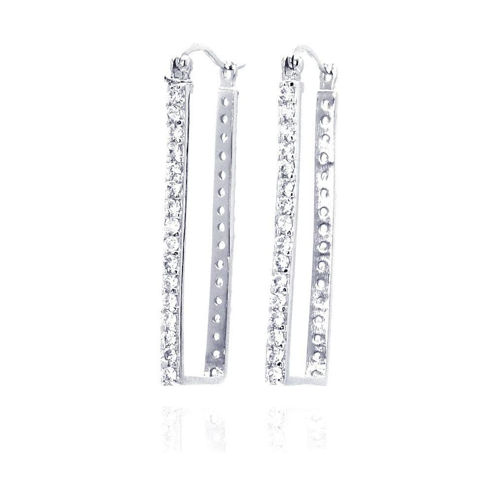 Closeout-Silver 925 Rhodium Plated CZ Rectangular Hoop Earrings - STE00032