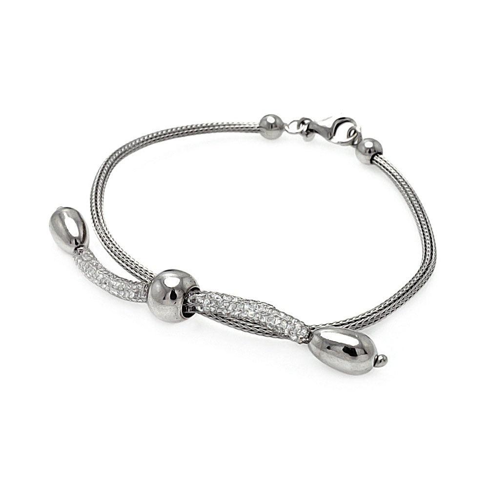 Silver 925 Rhodium Plated Italian Three Center Beads Bracelet - ITB00073RH