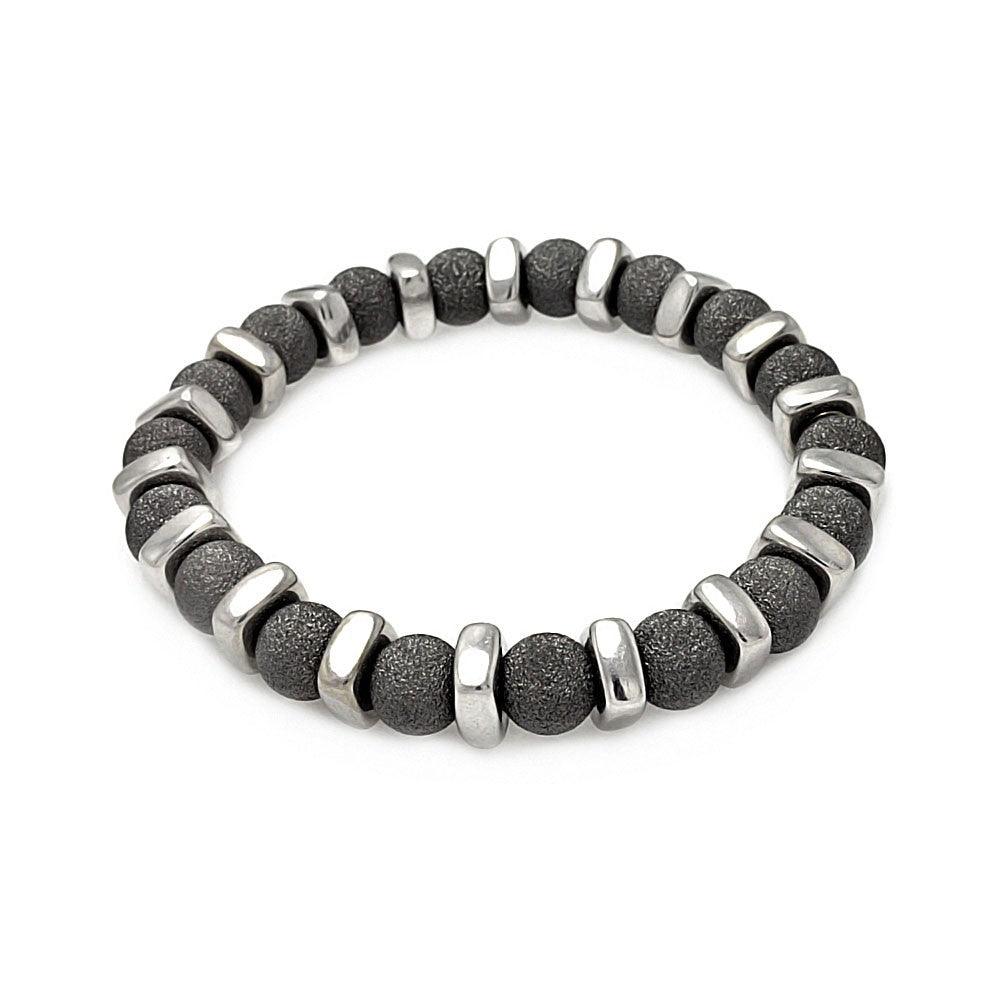 Closeout-Silver 925 Black Rhodium Plated Shiny Bead Bar Stretchable Italian Bracelet - ITB00089BLK