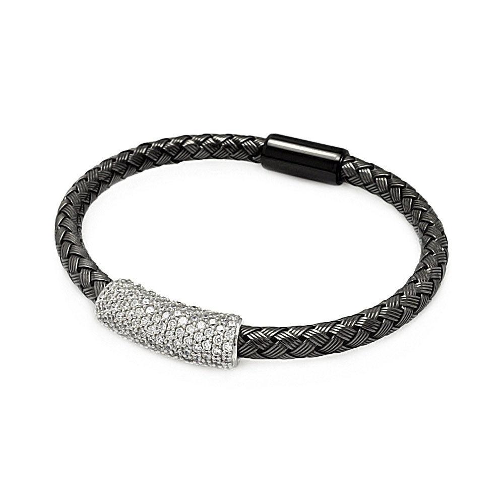 Silver 925 Rhodium and Black Rhodium Plated Clear CZ Bar Braided Italian Bracelet - ITB00090BLK