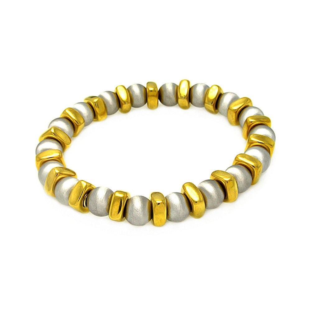 Closeout-Silver 925 Rhodium and Gold Plated Stretchable Bar and Bead Italian Bracelet - ITB00093GP