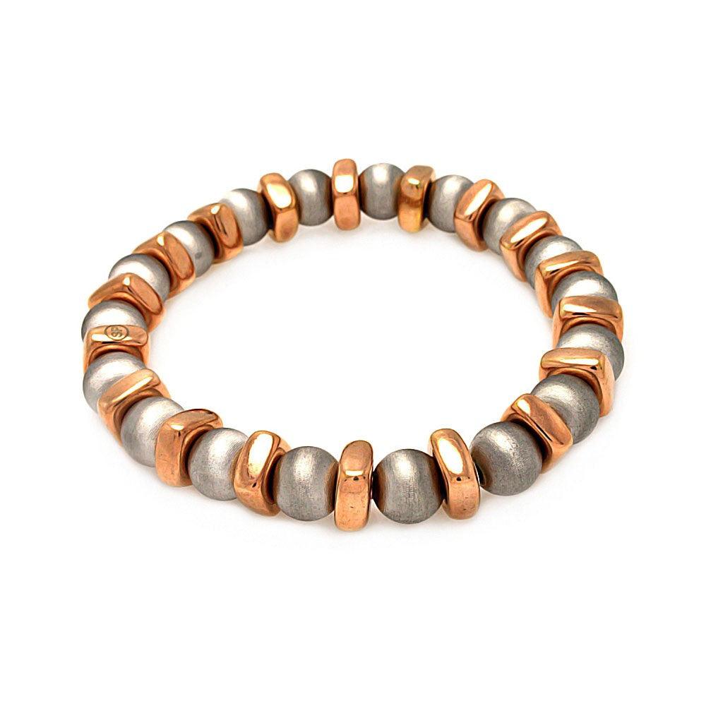 Closeout-Silver 925 Rhodium and Rose Gold Plated Stretchable Bar and Bead Italian Bracelet - ITB00093RGP