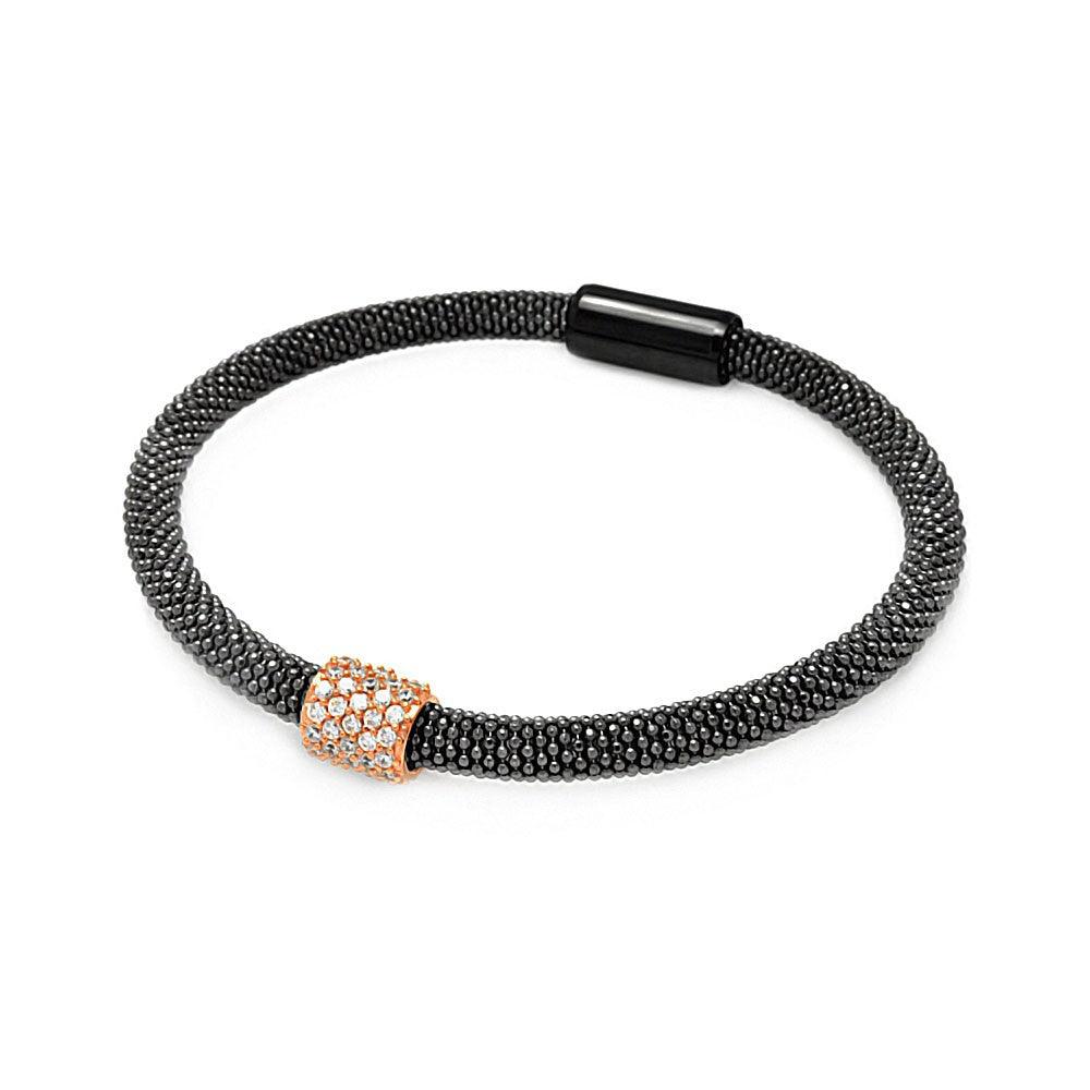 Closeout-Silver 925 Black Rhodium and Rose Gold Plated Bar Clear CZ Beaded Italian Bracelet - ITB00096BRH