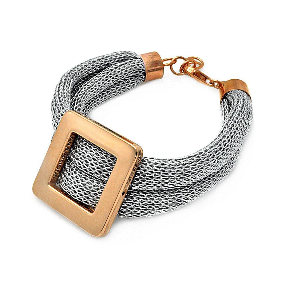 Closeout-Silver 925 Rhodium and Rose Gold Plated Square Center Italian Bracelet - ITB00116