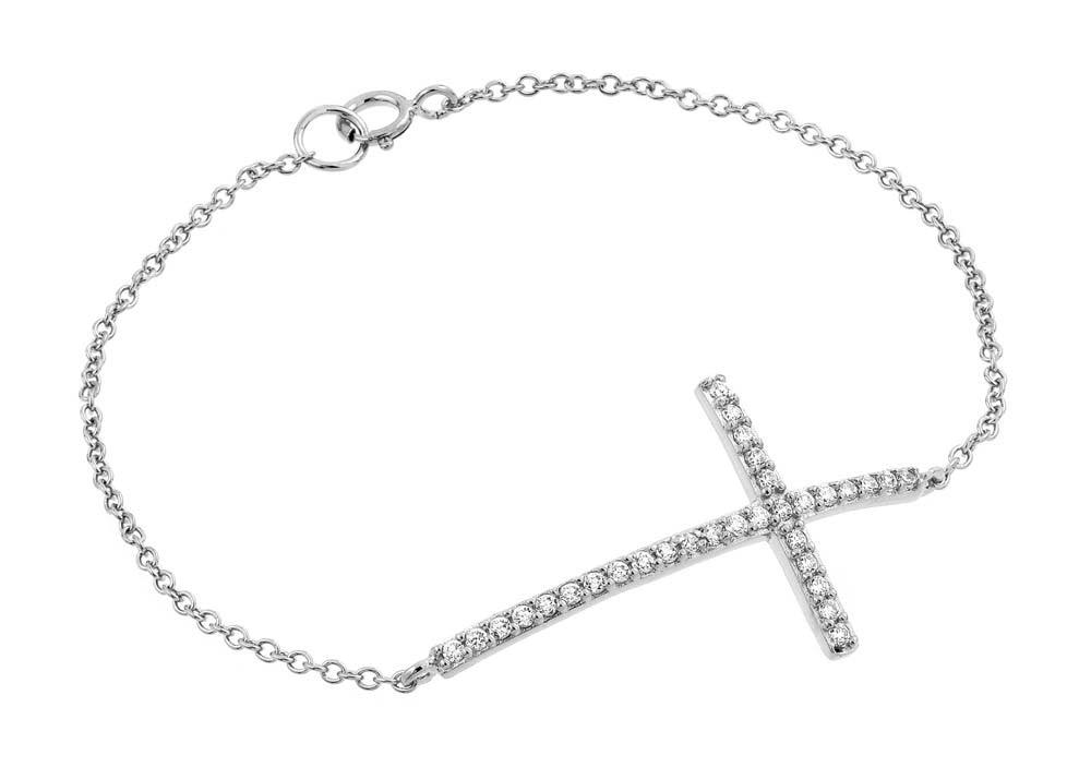 Silver 925 Rhodium Plated Sideways Cross CZ Bracelet - BGB00146