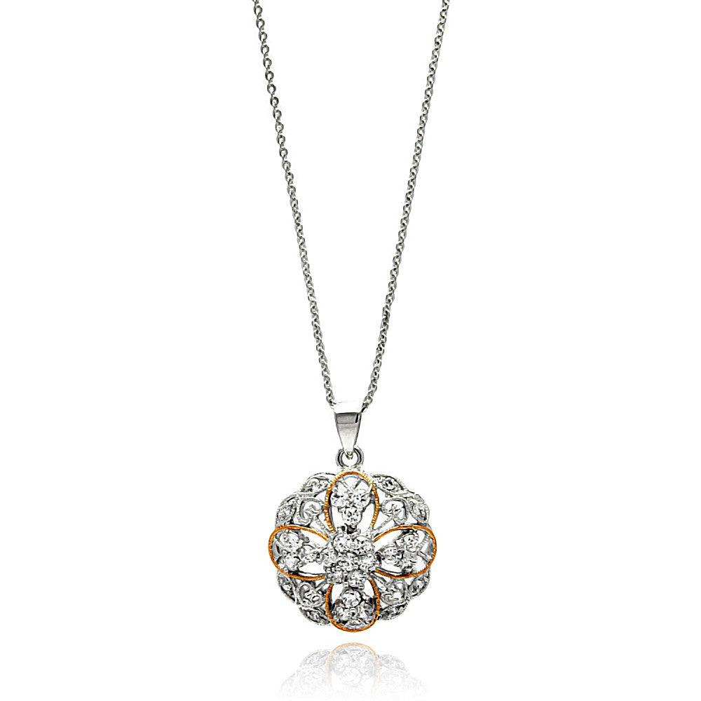 Silver 925 Rhodium Plated Flower and Heart Design CZ Inlay Necklace - BGP00654