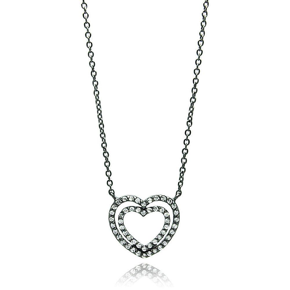 Silver 925 Black Rhodium Plated Open Double Heart CZ Necklace - BGP00693