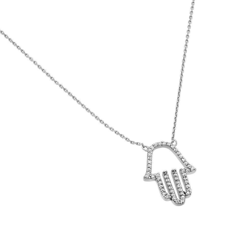 Silver 925 Rhodium Plated Clear CZ Hamsa Pendant Necklace - STP01379RH