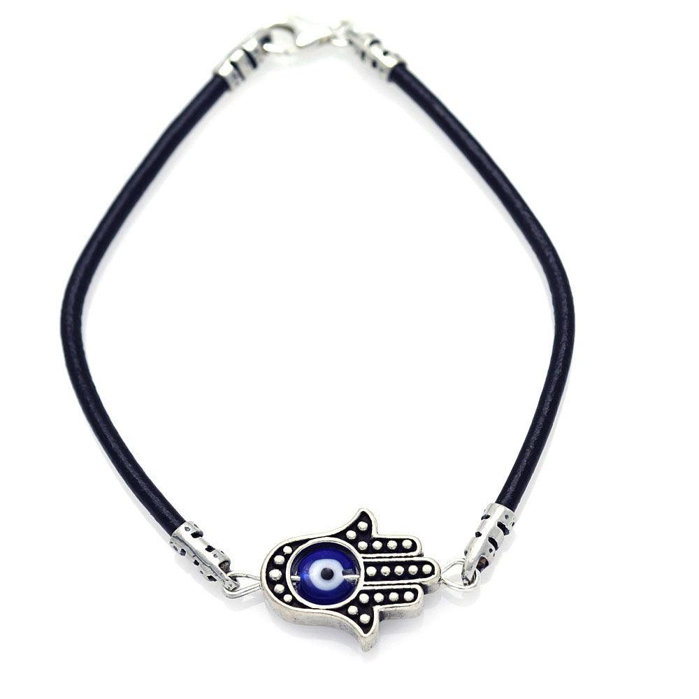 Silver 925 Oxidized Blue Evil Eye Hamsa Hand on a Leather Bracelet - OXB00008