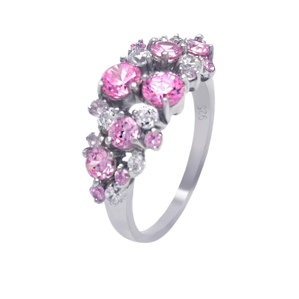 Silver 925 Rhodium Plated Multi Shaped Pink CZ Ring - AAR0012PNK