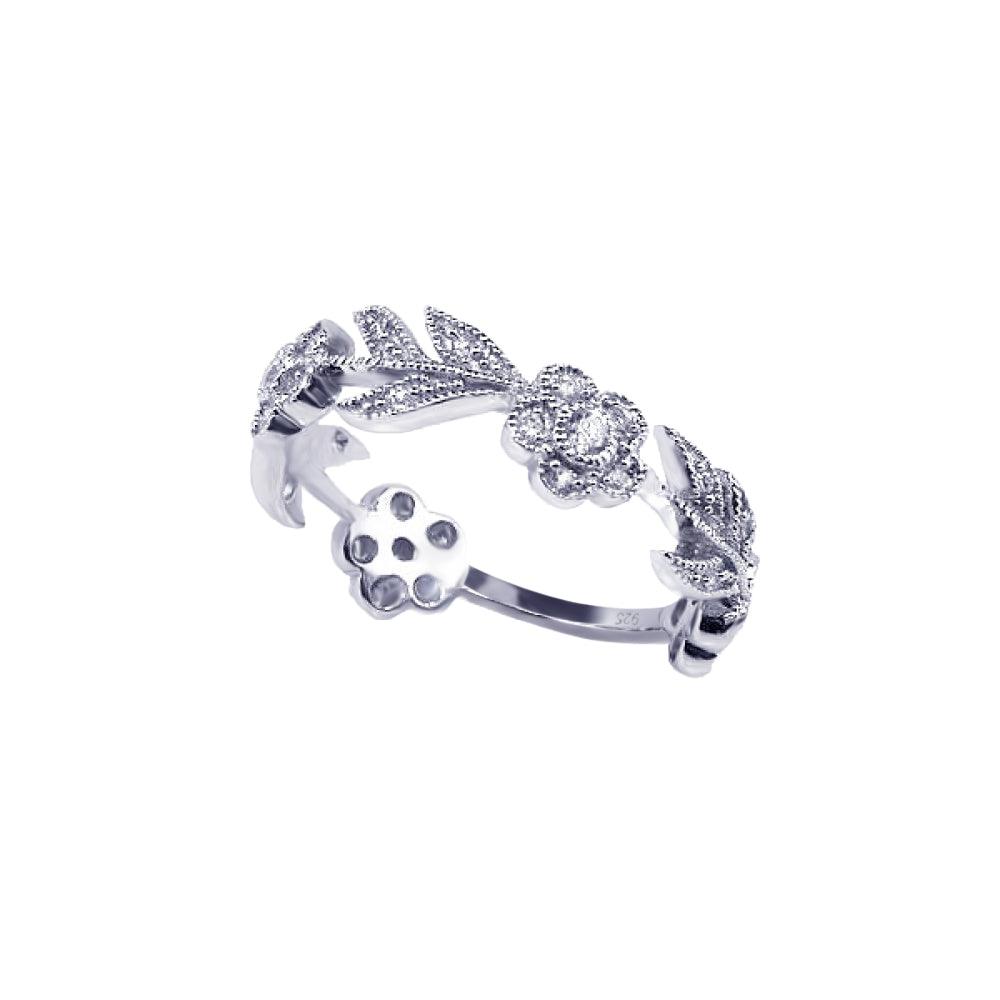 Silver 925 Rhodium Plated CZ Flower Leaf Eternity Ring - ACR00030