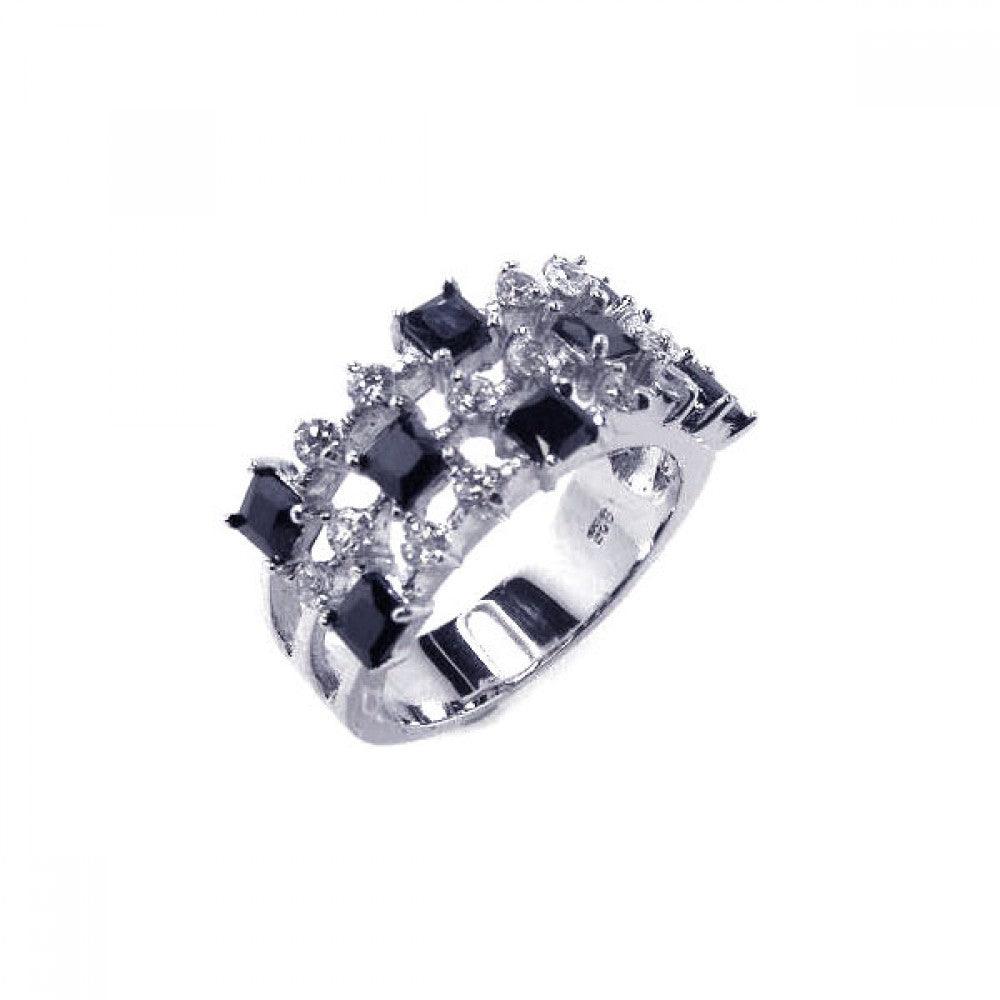 Closeout-Silver 925 Rhodium Plated Black and Clear CZ Ring - BGR00031