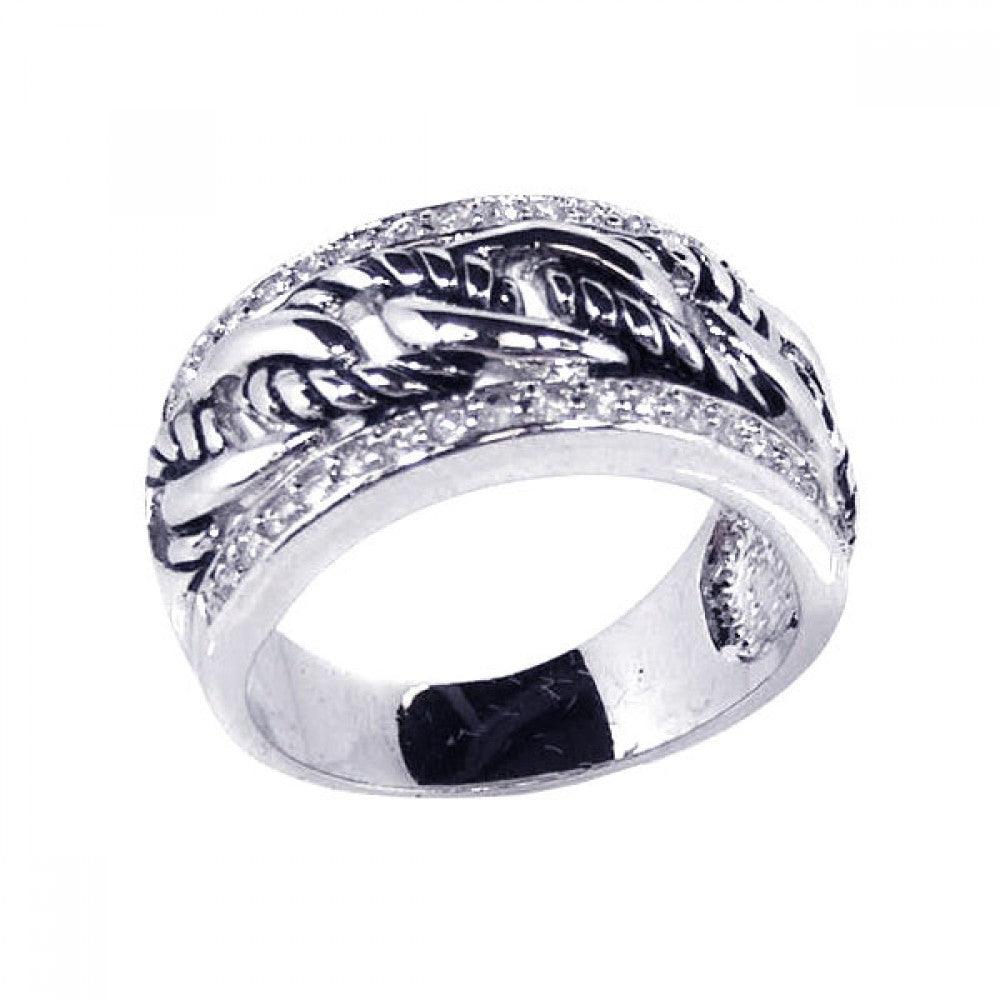 Closeout-Silver 925 Rhodium Plated Clear Channel Set CZ Half Rope Link Ring - BGR00067