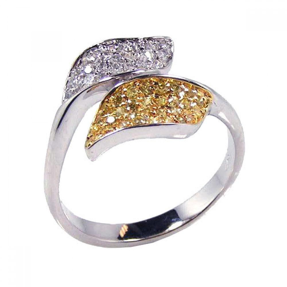 Silver 925 Rhodium and Gold Plated Yellow and Clear CZ Leaf Ring - BGR00085