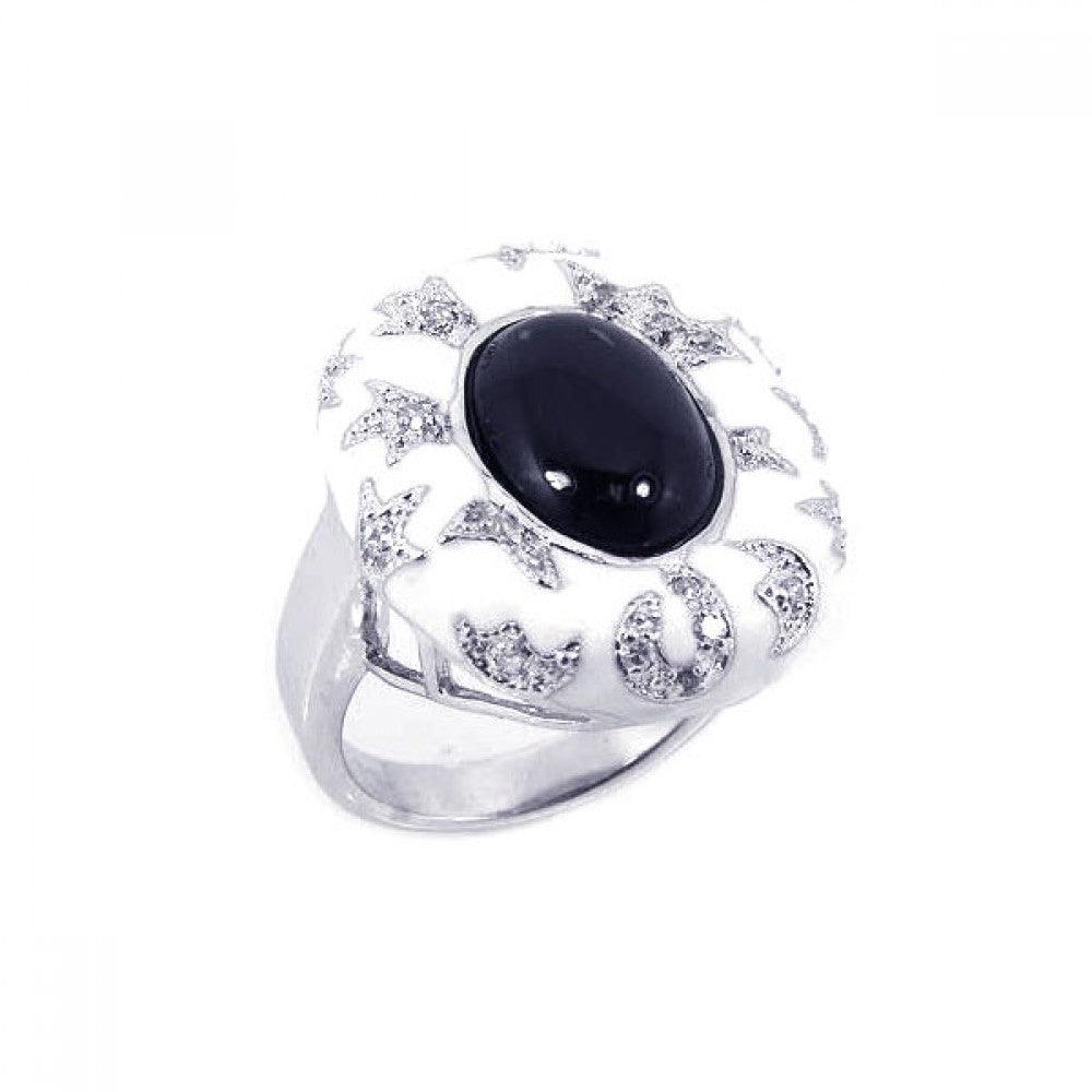 Closeout-Silver 925 Rhodium Plated White Enamel Black Onyx CZ Moon Star Ring - BGR00130