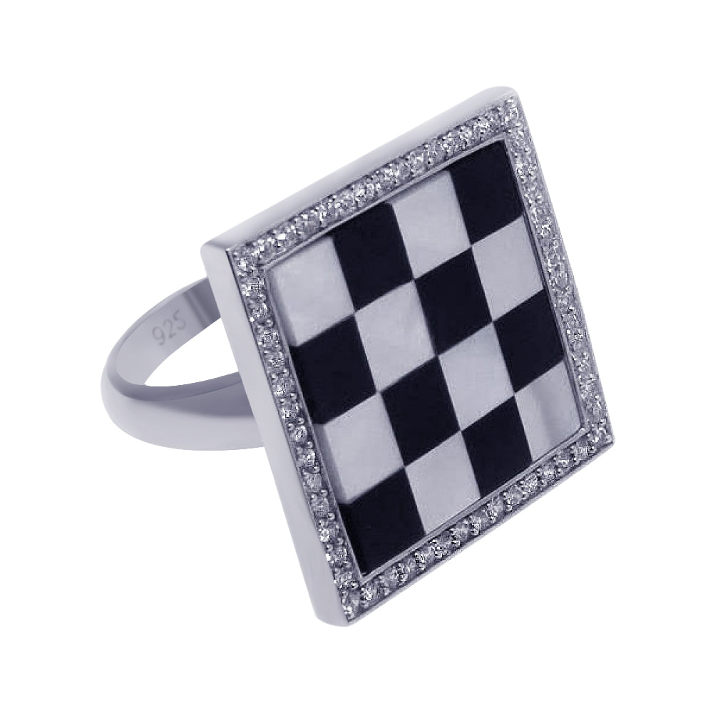 Closeout-Silver 925 Rhodium Plated Clear CZ Black and White Square Checker Ring - BGR00160