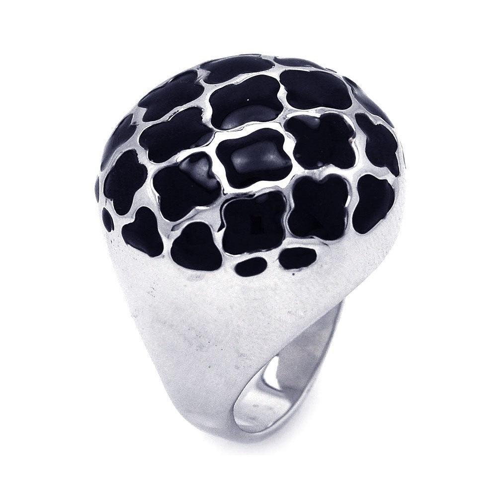 Closeout-Sterling Silver Rhodium Plated Black Enamel Clover Dome Ring - BGR00174