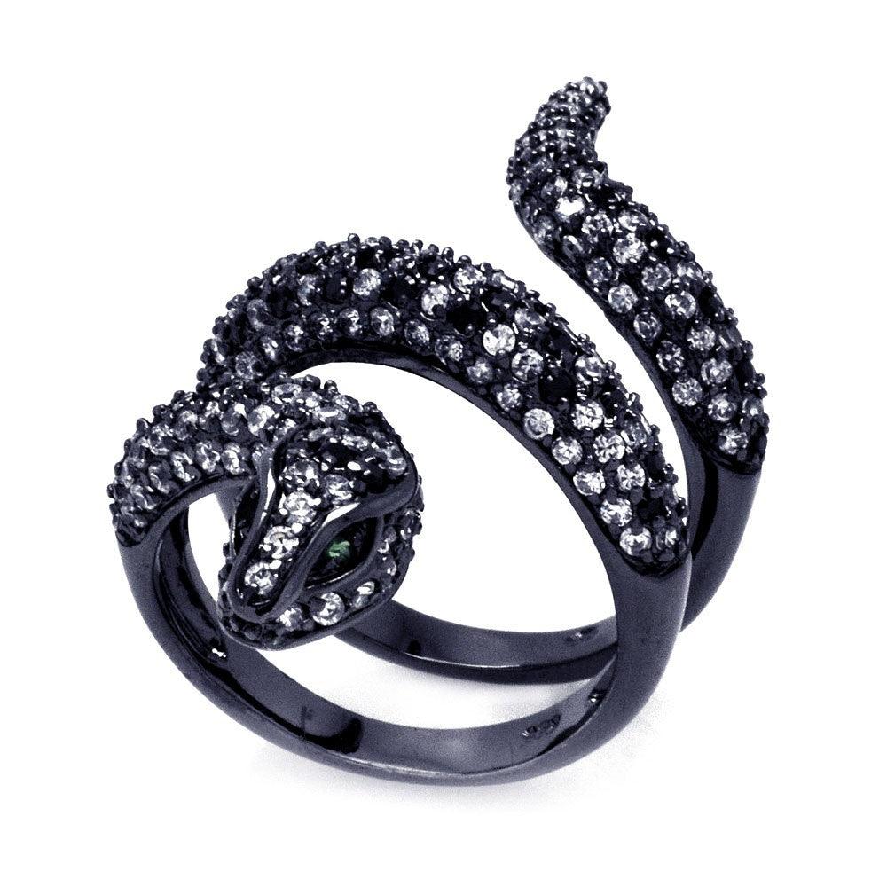 Closeout-Silver 925 Black Rhodium Plated Black and Clear CZ Snake Wrap Ring - BGR00317