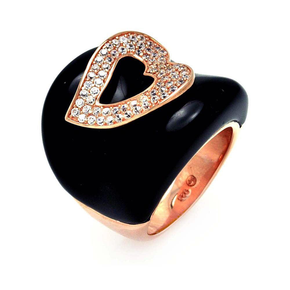 Closeout-Silver 925 Gold Plated Black Onyx Clear CZ Heart Ring - BGR00327