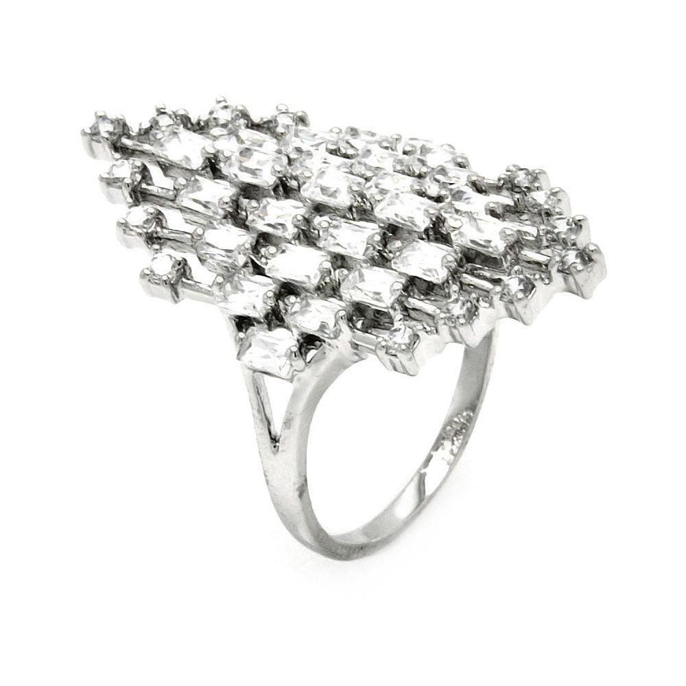 Silver 925 Rhodium Plated Clear Baguette and Round CZ Diamond Shaped Ring - BGR00441