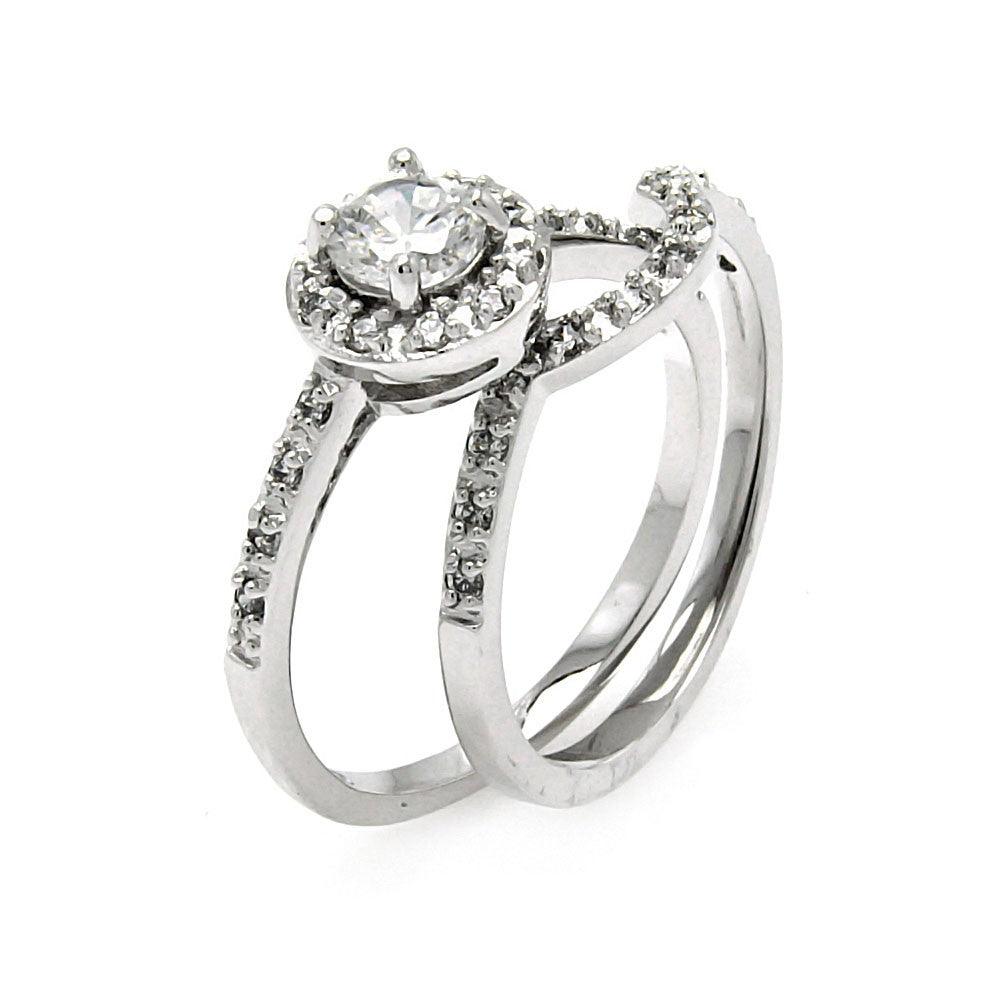 Silver 925 Rhodium Plated Round Center Clear CZ Bridal Ring Set - BGR00454