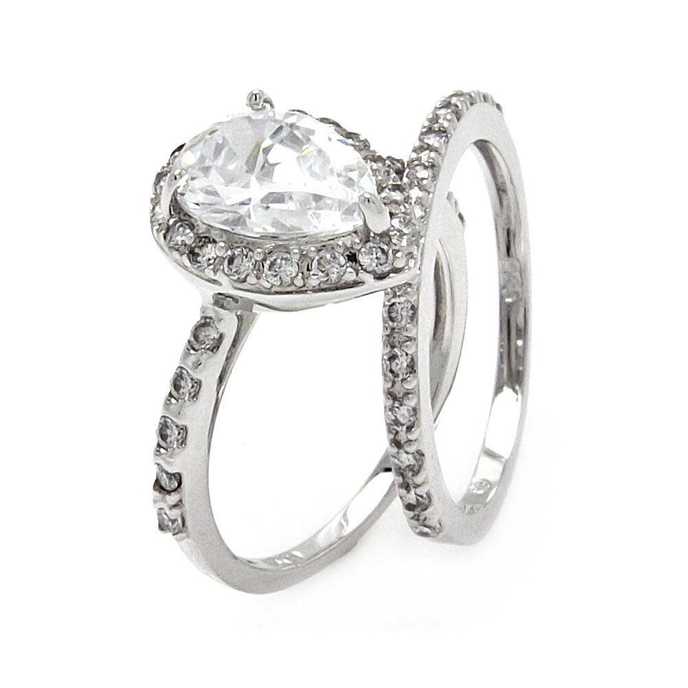 Silver 925 Rhodium Plated Clear Pear Shaped CZ Bridal Ring Set - BGR00530