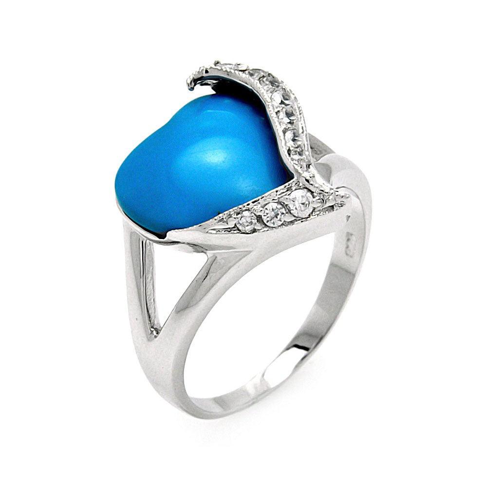 Closeout-Silver 925 Rhodium Plated Turquoise Center Clear CZ Heart Ring - BGR00562