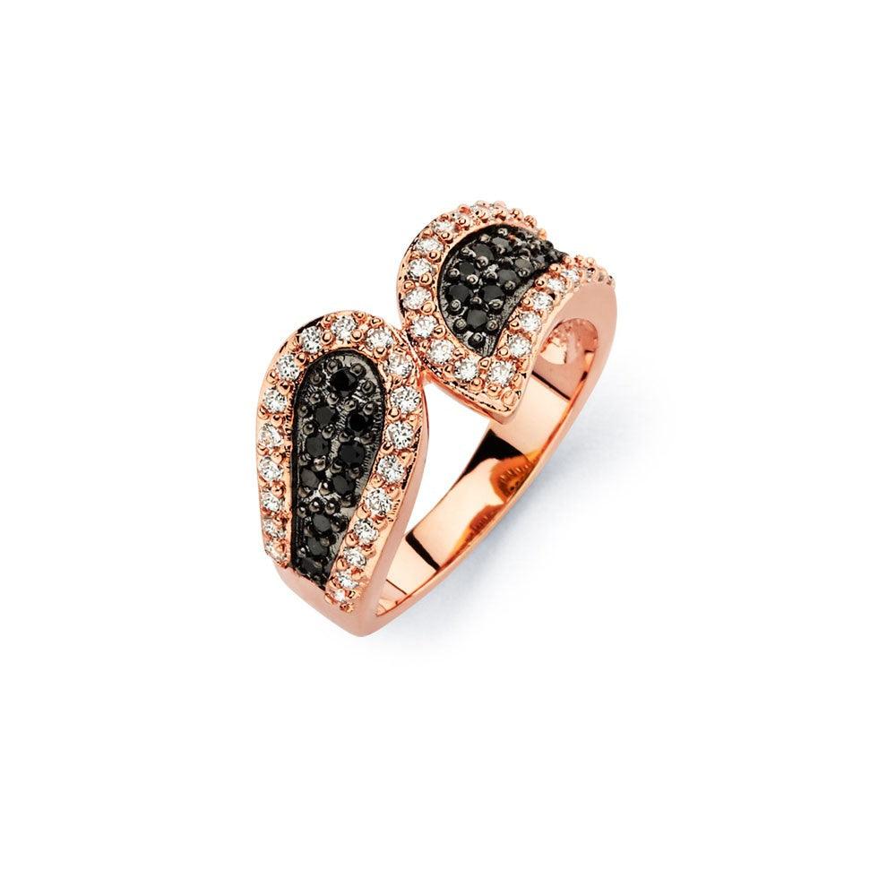 Closeout-Silver 925 Black Rhodium and Rose Gold Plated 2 Toned Black and Clear CZ Modern Ring - BGR00581