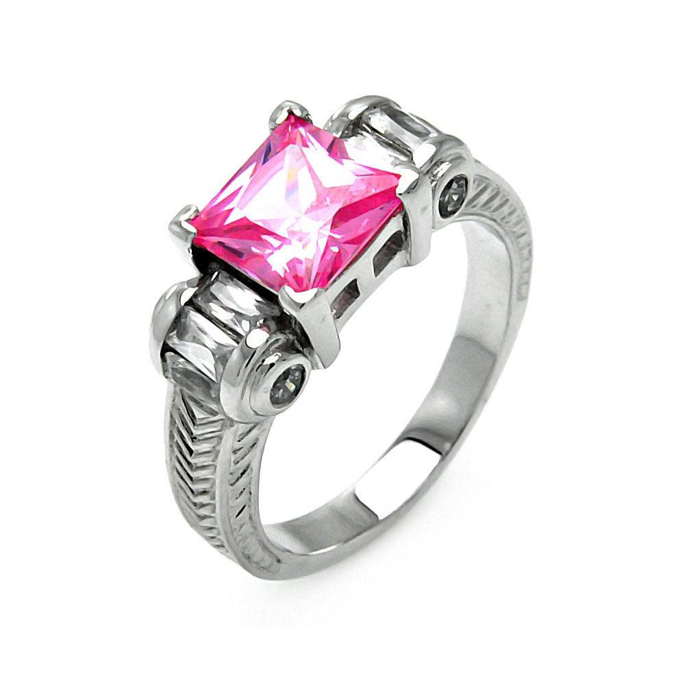 Closeout-Silver 925 Rhodium Plated Pink Princess Cut CZ Ring - STR00006PNK
