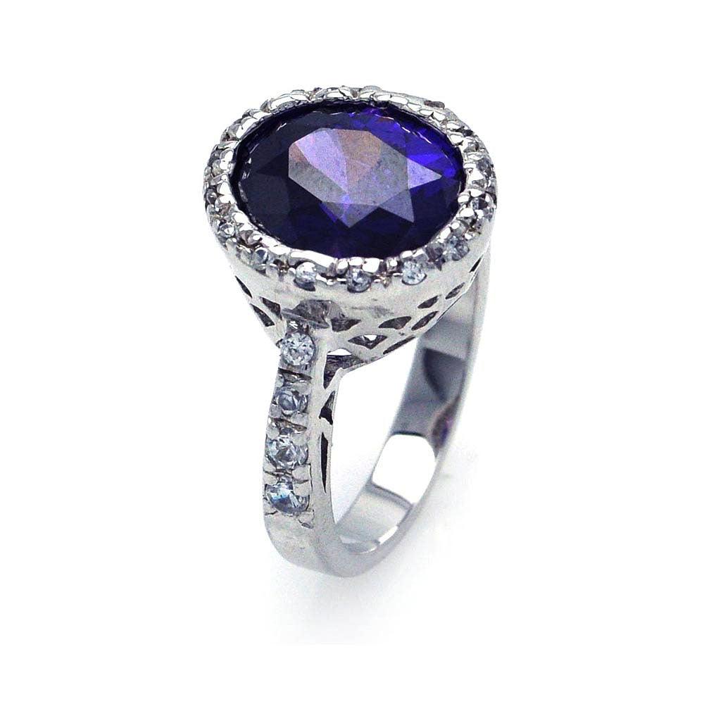 Closeout-Silver 925 Rhodium Plated Clear and Purple Center CZ Ring - STR00132AMY