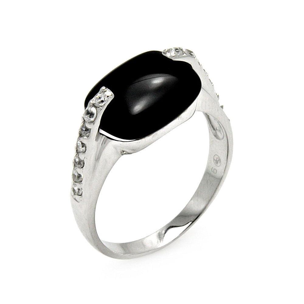 Closeout-Silver 925 Rhodium Plated Black Oval Onyx CZ Ring - STR00266