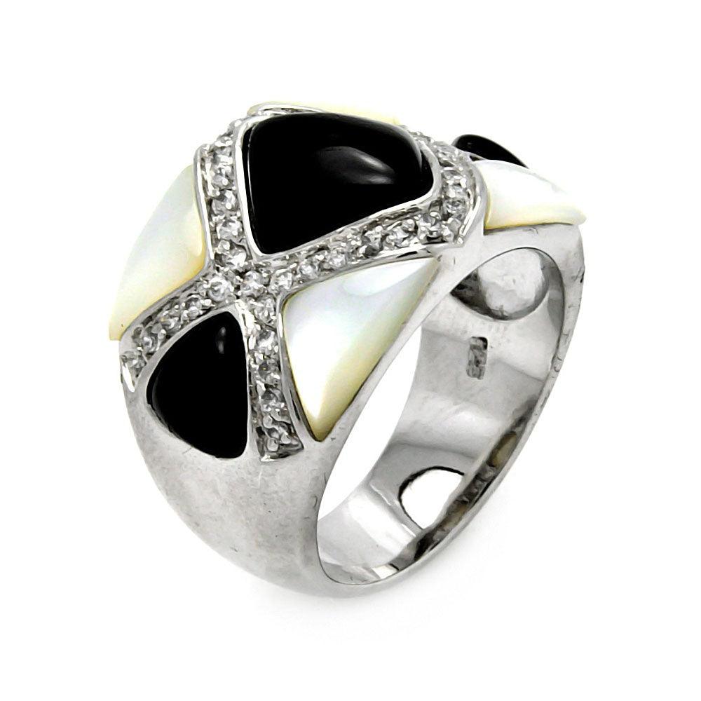 Closeout-Silver 925 Rhodium Plated Black Onyx Pearl CZ Ring - STR00276