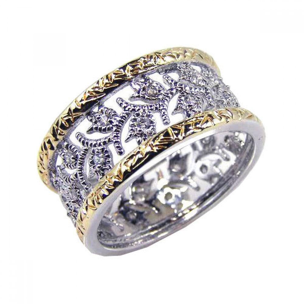 Silver 925 Rhodium and Gold Plated Border CZ Tulip Flower Ring - STR00329