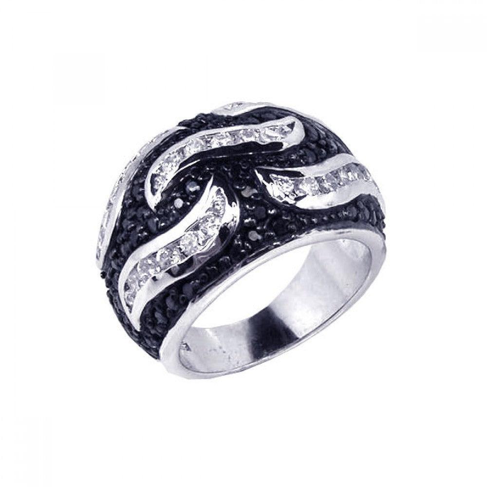 Closeout-Silver 925 Rhodium and Black Rhodium Plated Pave Set Black and Clear CZ Wave Ring - STR00354