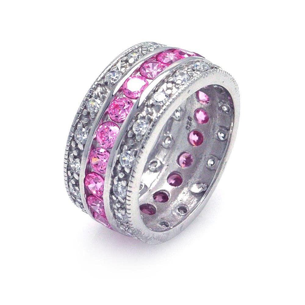 Silver 925 Rhodium Plated Clear and Pink CZ Channel Eternity Ring - STR00508PNK