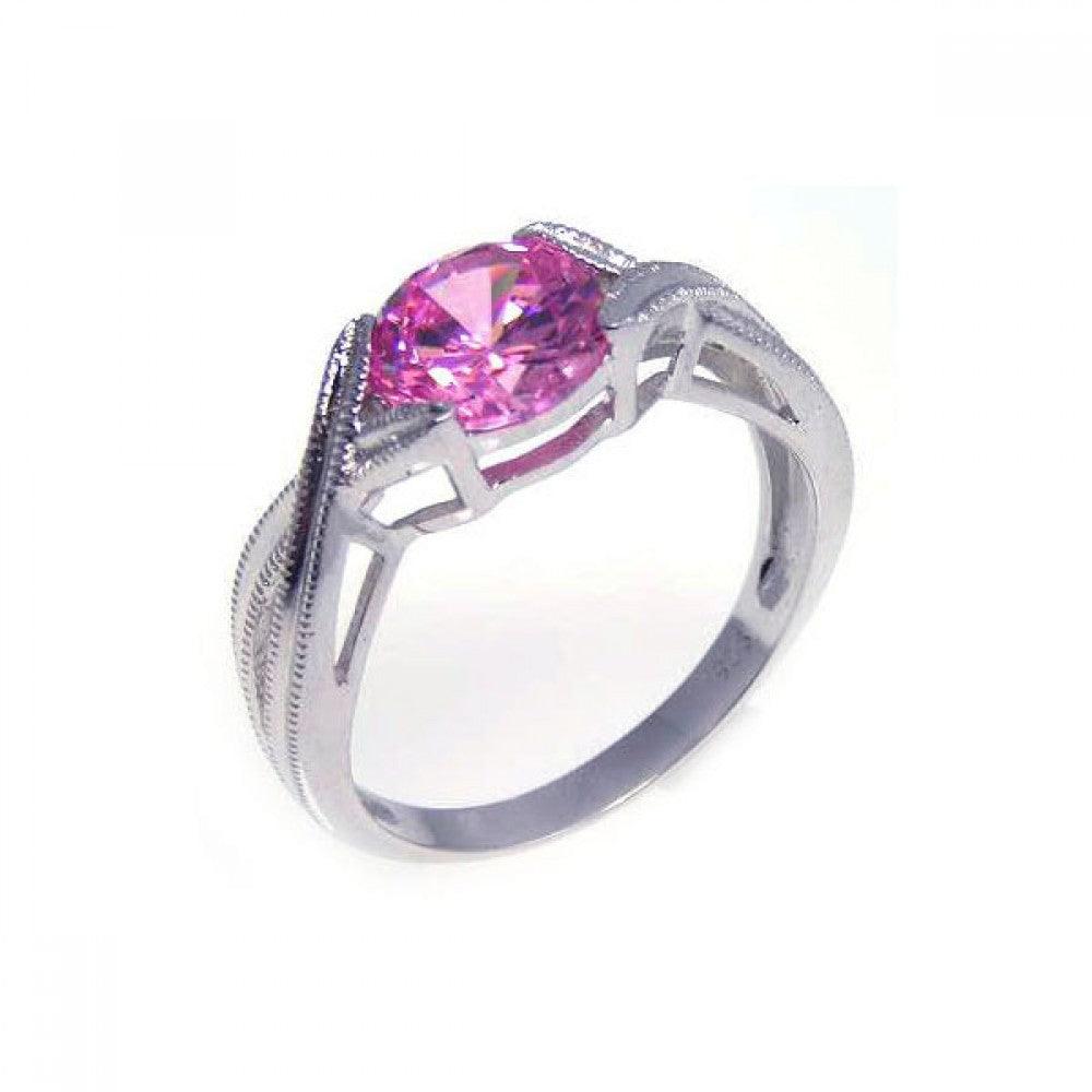 Silver 925 Rhodium Plated Round Pink Center CZ Solitaire Ring - STR00533