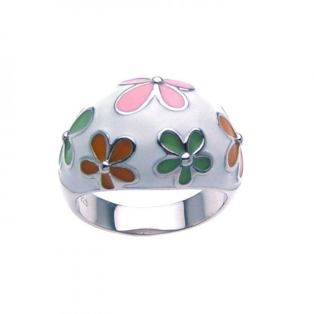 Closeout-Silver 925 Rhodium Plated Multi Colored Enamel Flower Dome Ring - STR00626