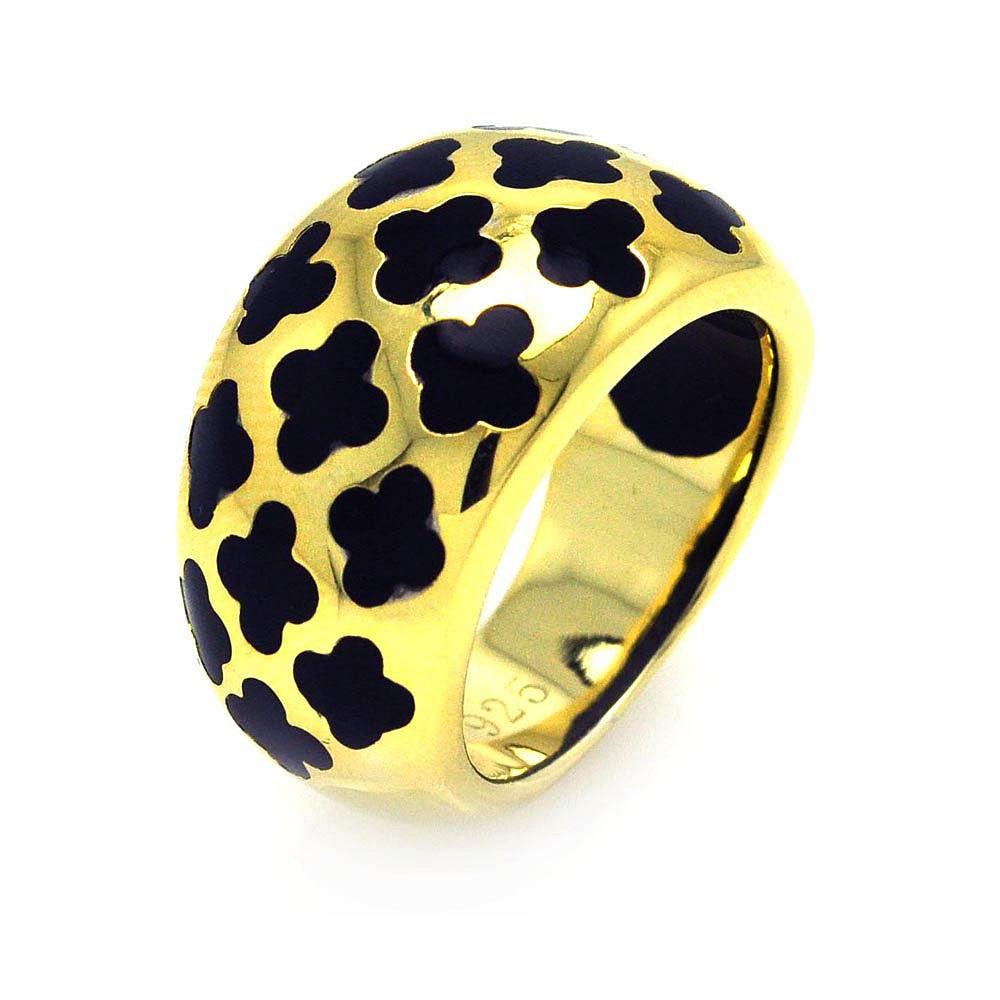 Closeout-Sterling Silver Gold Plated Black Enamel Clover Ring - STR00665