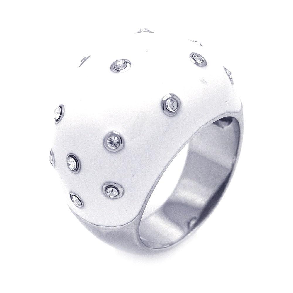 Closeout-Silver 925 Rhodium Plated White Enamel CZ Dotted Dome Ring - STR00688