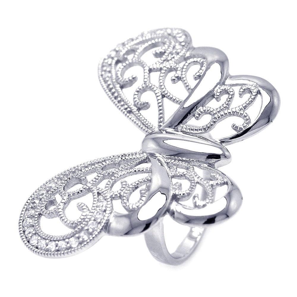 Closeout-Silver 925 Rhodium Plated CZ Large Butterfly Ring - STR00830