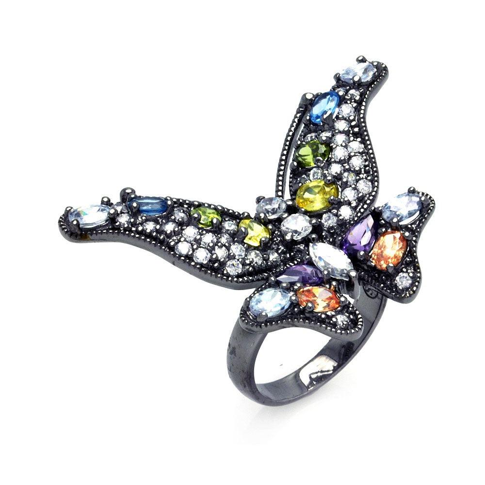 Closeout-Silver 925 Black Rhodium Plated Multi Colored CZ Butterfly Ring - STR00845