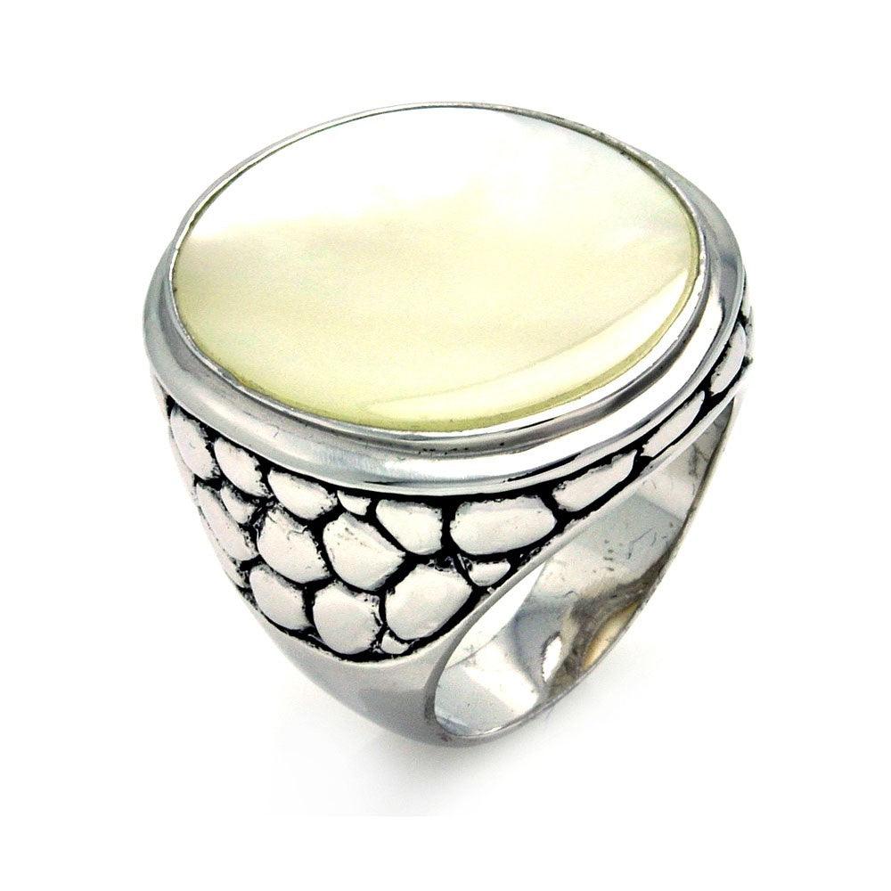 Closeout-Silver 925 Oxidized Rhodium Plated White Mother of Pearl Stone Cigar Band Ring - STR00848