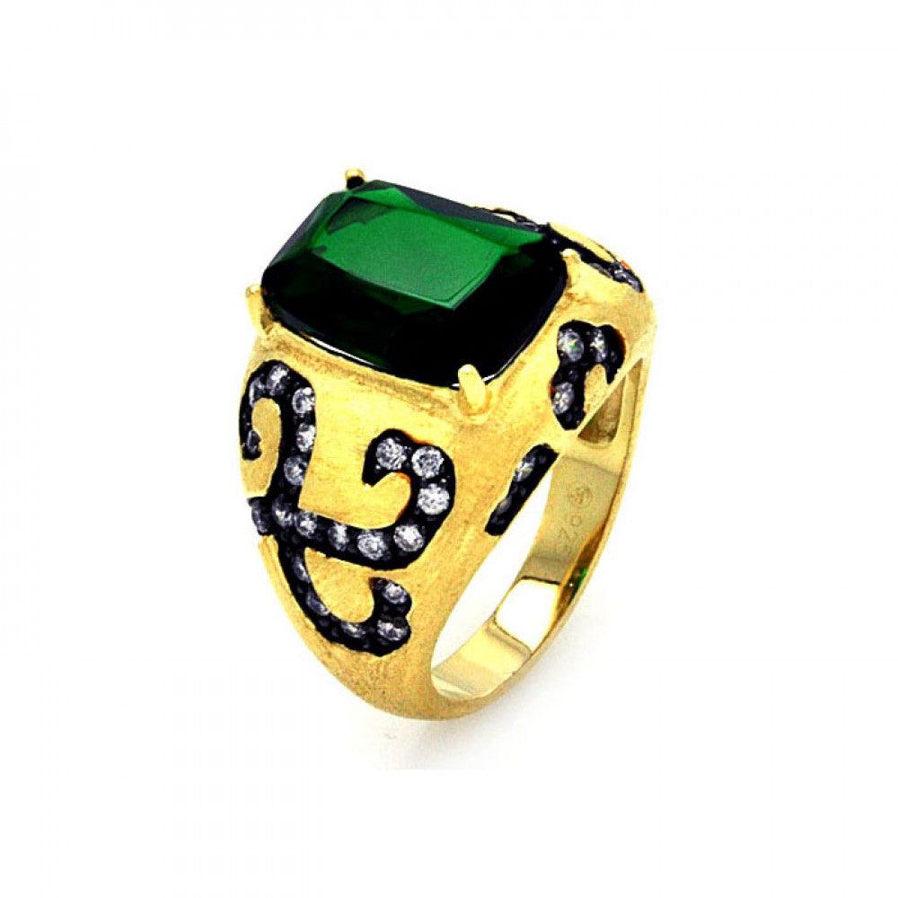 Closeout-Silver 925 Black Rhodium and Gold Plated Green Center and Clear CZ Cigar Band Ring - STR00855