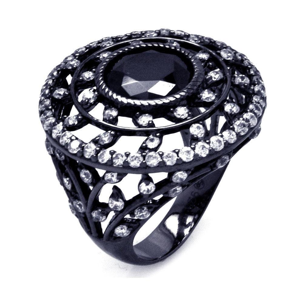 Closeout-Silver 925 Black Rhodium Plated Black Center and Clear CZ Round Ring - STR00863