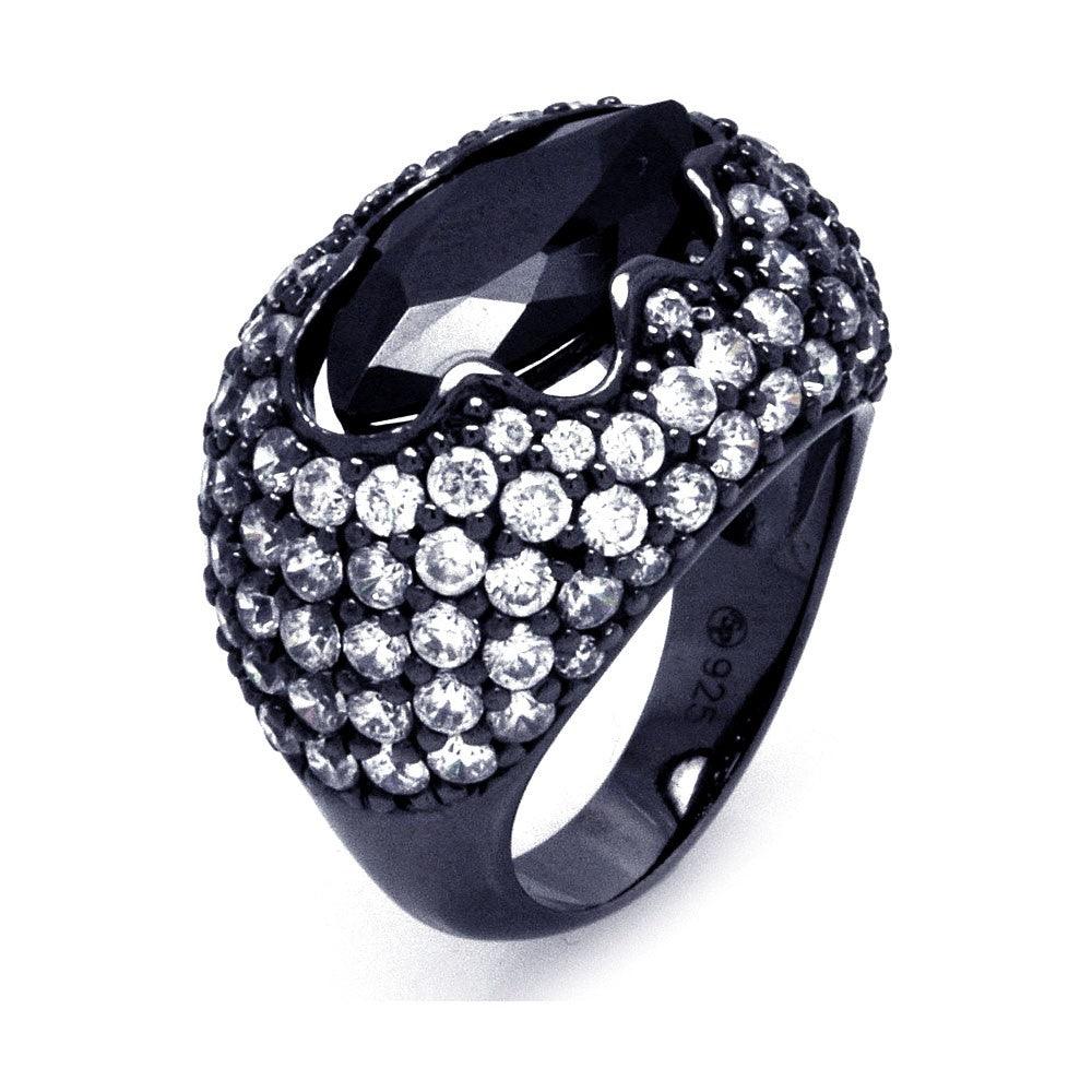 Closeout-Silver 925 Black Rhodium Plated Black Center Pave Set Clear CZ Cigar Band Ring - STR00864