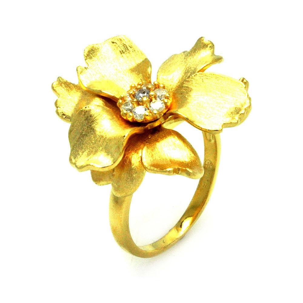 Closeout-Silver 925 Gold Plated Matte Finish Clear CZ Flower Ring - STR00881
